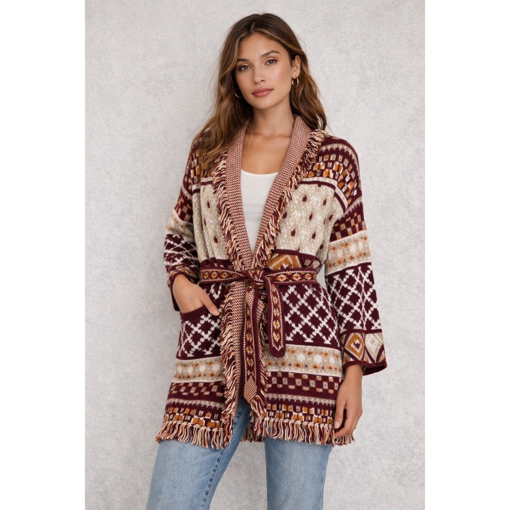 Maxsport Women's Fringe Belted Knit Cardigan Sweater Boho Aztec Print Size‎ S